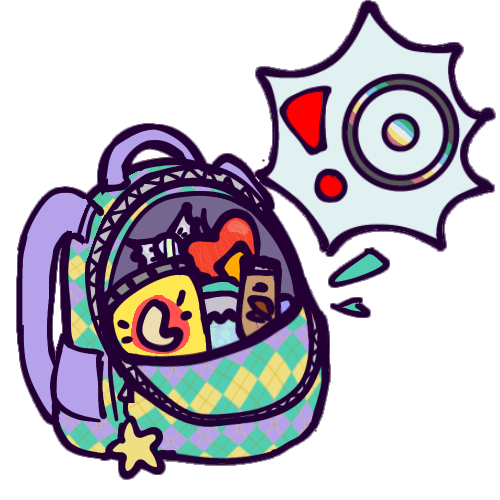 A drawing of a backpack with one pocket open to show that it is filled with various snacks. Next to it is a spiky speech balloon with an exclamation point and the disability sun symbol. The disability sun symbol is a big outer ring with a smaller dot inside, all colored to match the disability pride flag with grey, red, yellow, blue, and green. the backpack is teal, yellow, and purple with an argyle pattern, and a yellow star keychain dangles off the zipper.